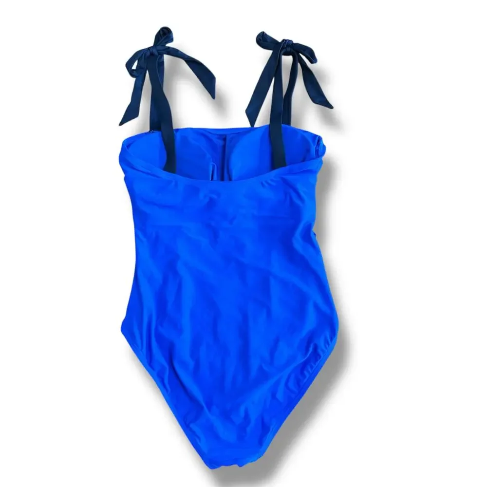 Kate Spade One Piece Swimsuit Women’s 6 Blue Black Tie Straps Ruched Padded Cups
